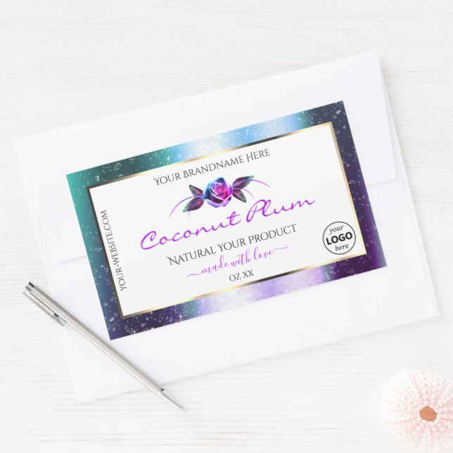 Teal Purple Glitter White Product Labels with Logo (Envelope)