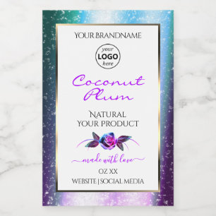 Teal Purple Glitter White Product Labels with Logo