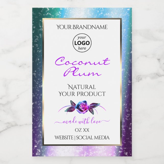 Teal Purple Glitter White Product Labels with Logo (Single Label)