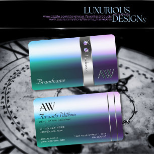 Teal Purple Gradient Metal Silver Optics Monogram Business Card