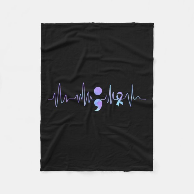 Teal Purple Heartbeat Semicolon Suicide Prevention Fleece Blanket (Front)