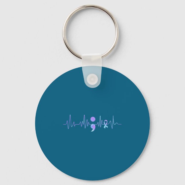 Teal Purple Heartbeat Semicolon Suicide Prevention Keychain (Front)