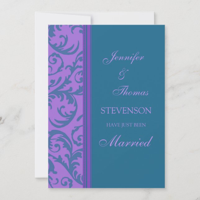 Teal Purple Just Married Announcement Cards (Front)