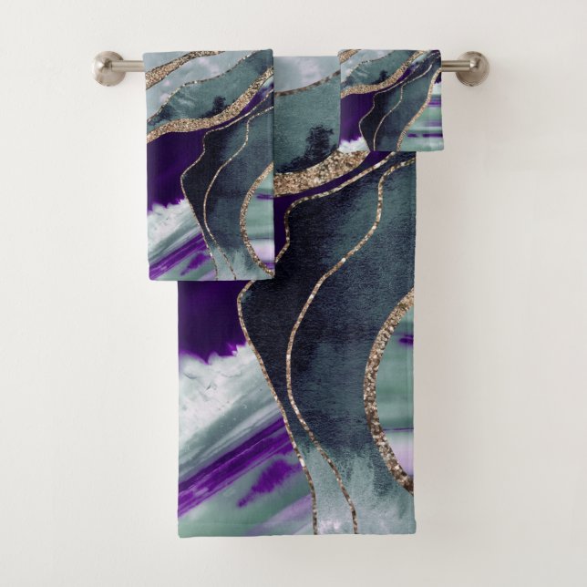 Teal Purple Marble Agate Gold Glitter Glam #1  Bath Towel Set (Insitu)
