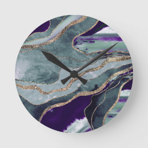 Teal Purple Marble Agate Gold Glitter Glam #1  Round Clock