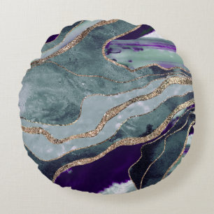 Teal Purple Marble Agate Gold Glitter Glam #1  Round Pillow