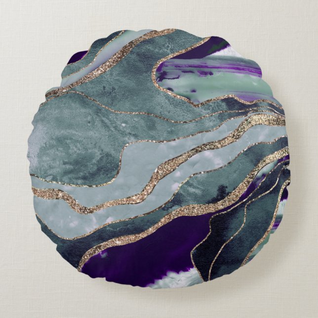 Teal Purple Marble Agate Gold Glitter Glam #1  Round Pillow (Front)