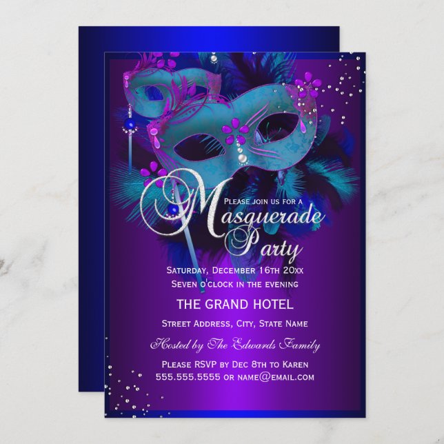 Teal & Purple Masks Masquerade Party Invite (Front/Back)