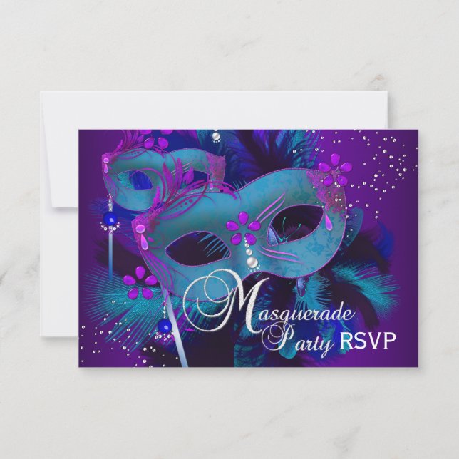 Teal & Purple Masks Masquerade Party RSVP Invitation (Front)