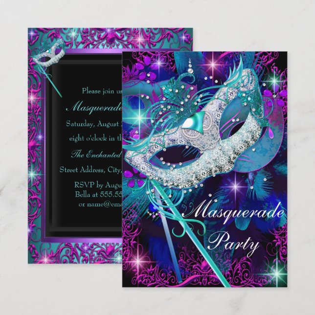 Teal & Purple Masquerade Ball Party Invitation Sml (Front/Back)
