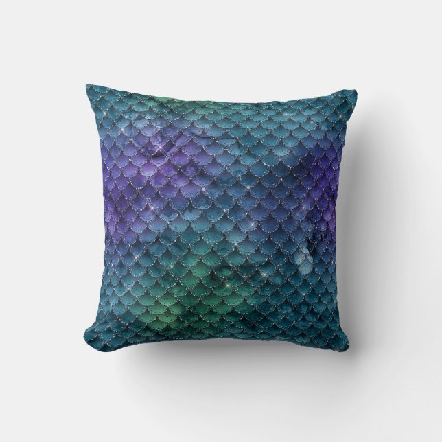 Teal Purple Mermaid Scales Throw Pillow (Front)