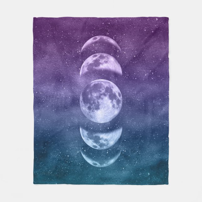 Teal Purple Moon Phases Celestial Pattern Fleece Blanket (Front)