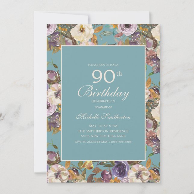 Teal Purple Mustard Ivory Floral 90th Birthday Invitation (Front)