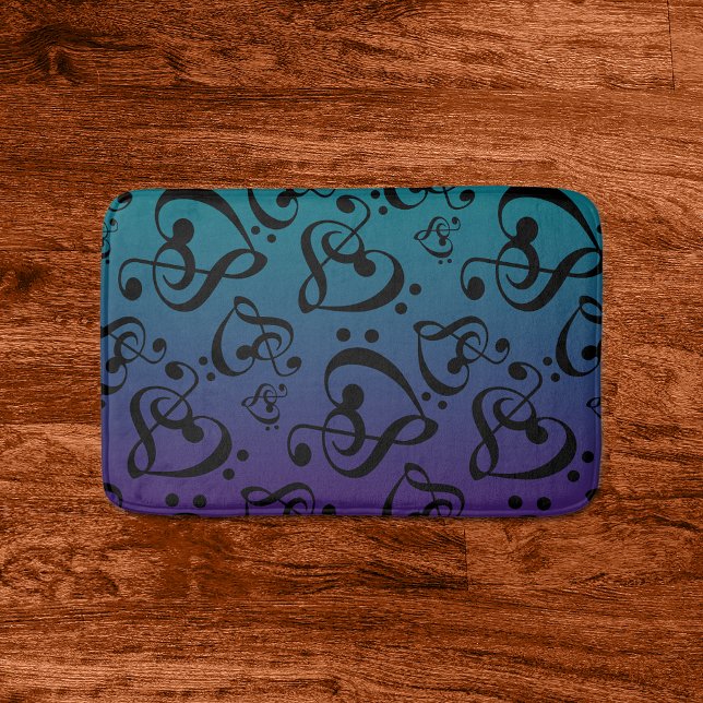 Teal Purple Ombre Music Note Clef Hearts Pattern Bath Mat (Creator Uploaded)