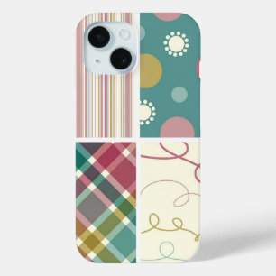 Teal Purple Plaid Check Dots Scribbles Pattern iPhone 15 Case