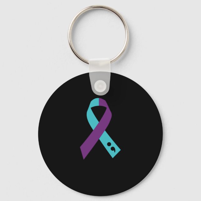Teal Purple Ribbon Semicolon Suicide Prevention Keychain (Front)