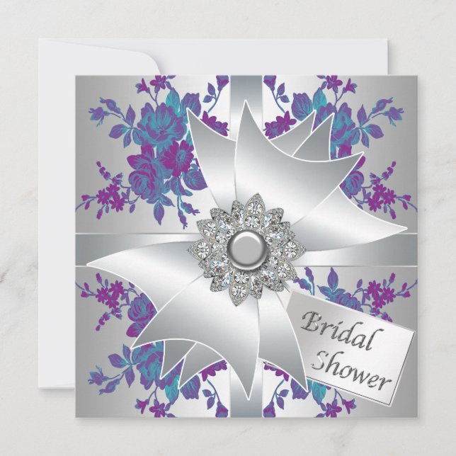 Teal Purple Roses Bridal Shower Invitation (Front)