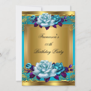 Teal Purple Roses Gold Elegant Birthday  Party Invitation