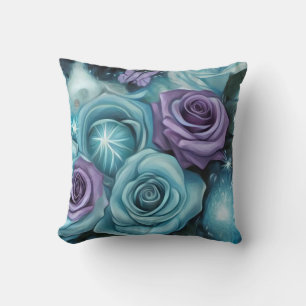 Teal & Purple Roses Throw Pillow