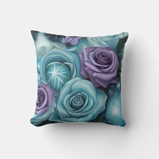 Teal & Purple Roses Throw Pillow (Front)