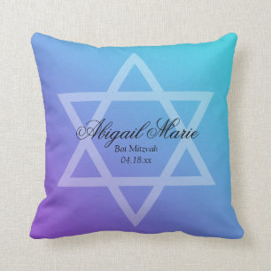 Teal Purple Star of David Bat Mitzvah Personalized Throw Pillow
