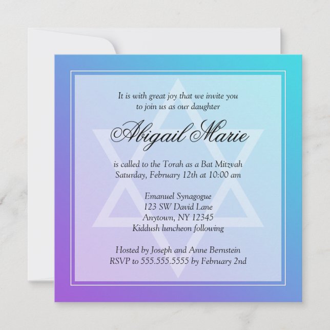 Teal Purple Star of David Bat Mitzvah Square Invitation (Front)