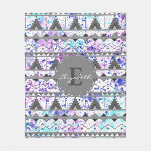 Teal & Purple Watercolor Grey Aztec Pattern Custom Fleece Blanket
