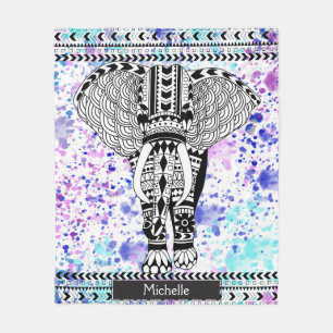 Teal & Purple Watercolor Tribal Patterned Elephant Fleece Blanket