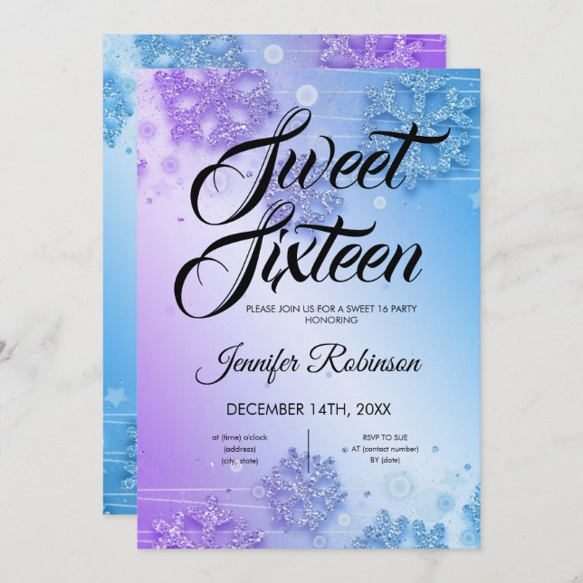 Teal & Purple Winter Sweet 16 Glitter Sparkle Invitation (Front/Back)