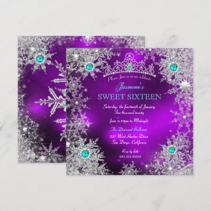 Teal Purple Winter Wonderland Sweet 16 Snowflake Invitation