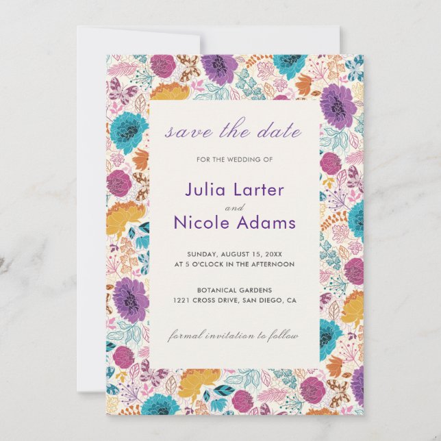 Teal Purple Yellow Spring Meadow Flowers Save The Date (Front)
