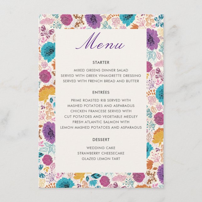 Teal Purple Yellow Spring Meadow Flowers Wedding Menu (Front)