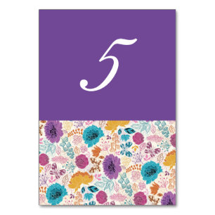 Teal Purple Yellow Spring Meadow Flowers Wedding Table Number