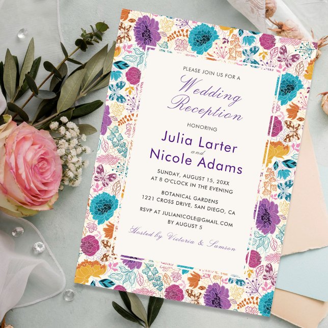 Teal Purple Yellow Spring Meadow Wedding Reception Invitation (Creator Uploaded)