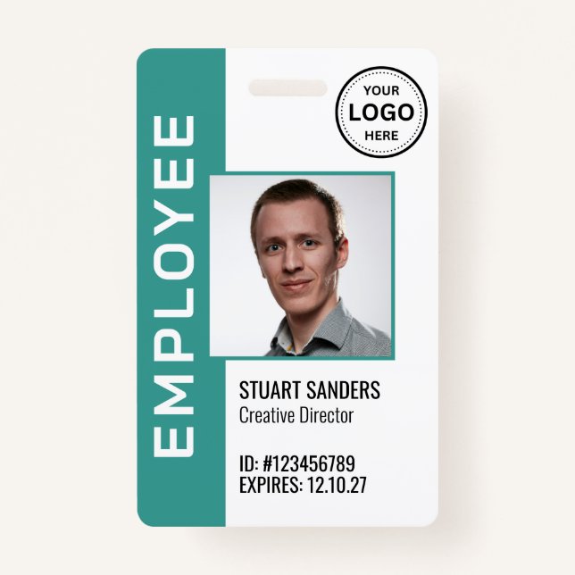 Teal QR Code Corporate Logo Employee Photo Badge (Front)