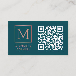Teal QR Code Logo Monogram Rose Gold Business Card
