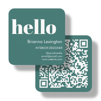 Teal | QR Code Social Media Hello Square Business Card