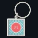 Teal Quatrefoil Pattern, Coral Monogram Keychain<br><div class="desc">Trendy, stylish, teal and white quatrefoil pattern you can personalize with a white monogram initial in a modern font, on a coral circle label, banner, frame with white circular lines border. GraphicsByMimi© A trendy pattern for her. Use the template field to add your monogram initial or letter or select “customize...</div>