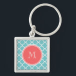 Teal Quatrefoil Pattern, Coral Monogram Keychain<br><div class="desc">Trendy, stylish, teal and white quatrefoil pattern you can personalize with a white monogram initial in a modern font, on a coral circle label, banner, frame with white circular lines border. GraphicsByMimi© A trendy pattern for her. Use the template field to add your monogram initial or letter or select “customize...</div>
