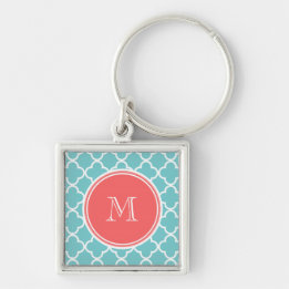 Teal Quatrefoil Pattern, Coral Monogram Keychain