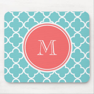 Teal Quatrefoil Pattern, Coral Monogram Mouse Pad
