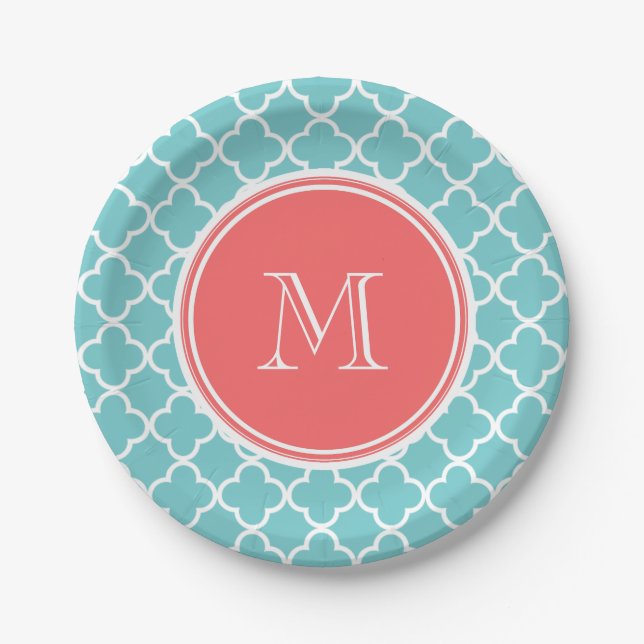 Teal Quatrefoil Pattern, Coral Monogram Paper Plate (Front)