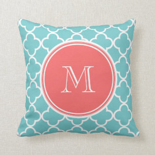 Teal Quatrefoil Pattern, Coral Monogram Throw Pillow