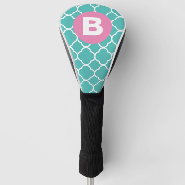 Teal Quatrefoil Pattern Custom Pink Monogram Golf Head Cover (Front)