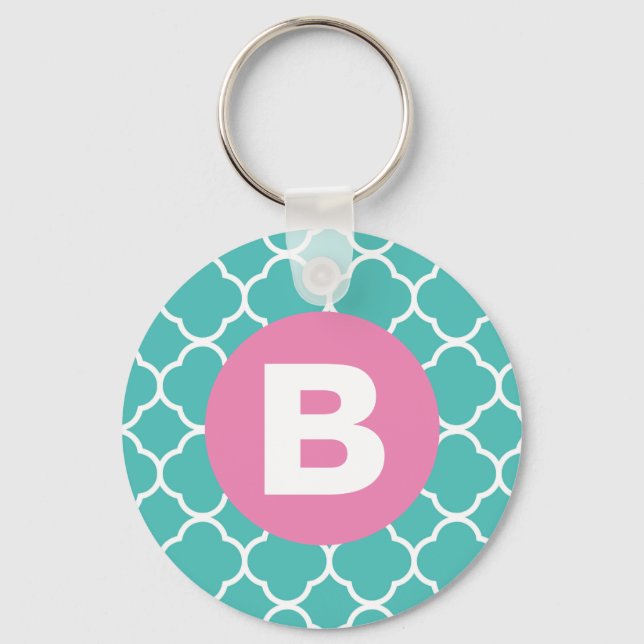 Teal Quatrefoil Pattern Custom Pink Monogram Keychain (Front)