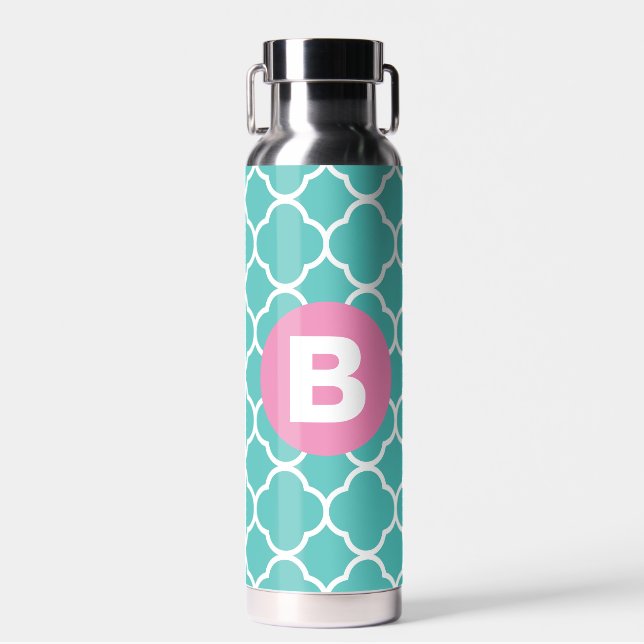 Teal Quatrefoil Pattern Custom Pink Monogram Water Bottle (Front)