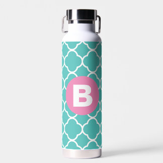 Teal Quatrefoil Pattern Custom Pink Monogram Water Bottle