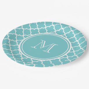 Teal Quatrefoil Pattern, Your Monogram Paper Plate