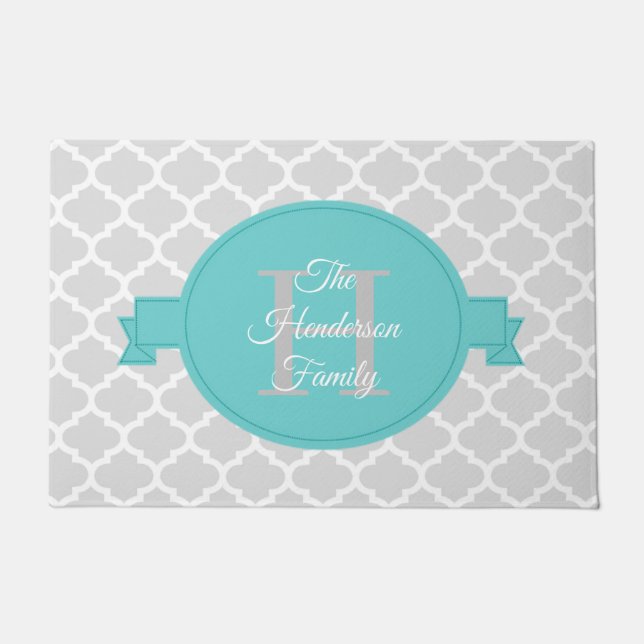 Teal Quatrefoil Personalized Doormat (Front)