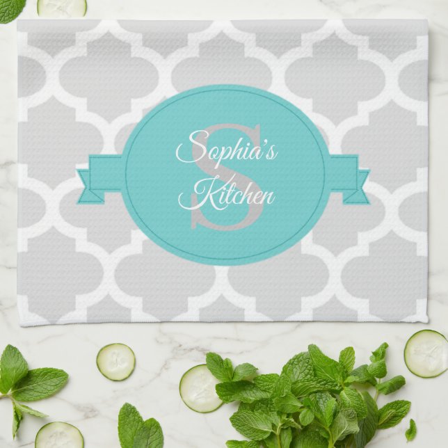 Teal Quatrefoil Personalized Kitchen Towel (Folded)